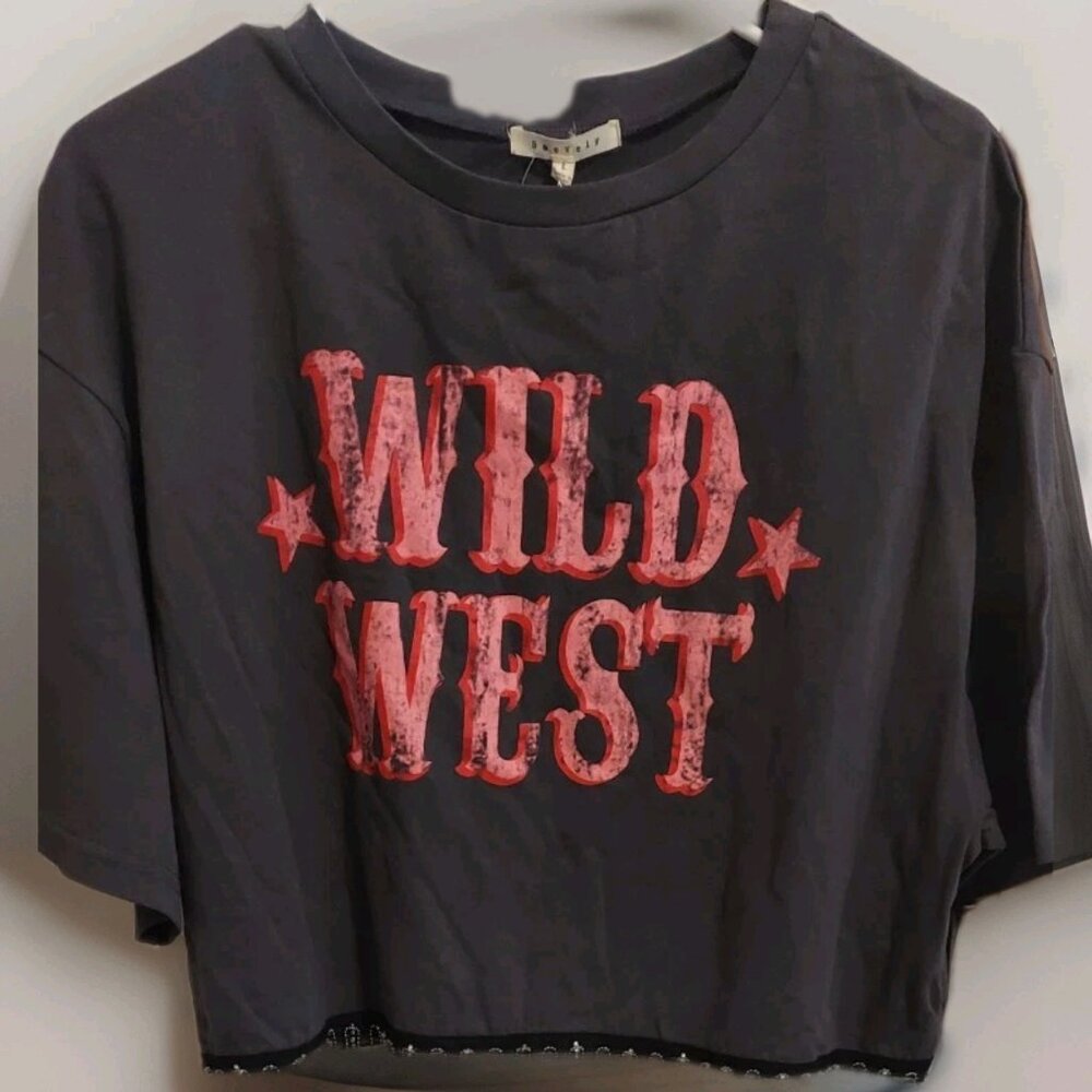 Pink Dinosaur Wild West Embellished‎ Crop Top Size L Baevely Grey Pink